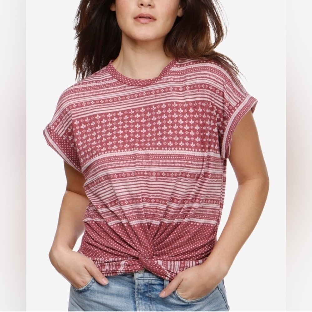 Lucky Brand Boho Western Geometric Twist Front T Shirt Faded Red Striped Top M - Picture 2 of 7